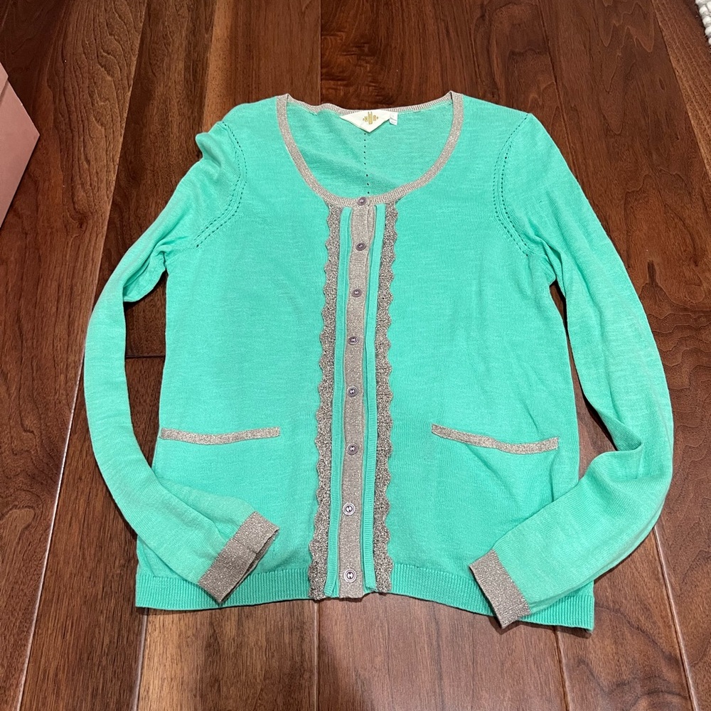Anthropologie HWR mint green & gold cardigan size L euc